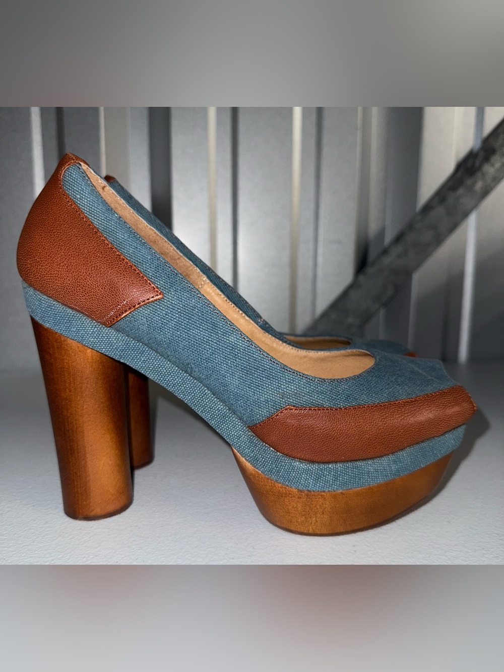 Y2k Jeffrey Campbell Woodies denim and brown leather peeptoe platform heels sz 8